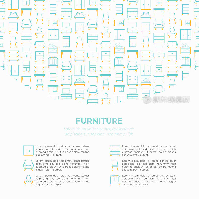 Furniture concept with thin line icons: dressing table, sofa, armchair, wardrobe, chair, table, bookcase, bed, clothes rack, desk. Elements of interior. Vector illustration, print media template.